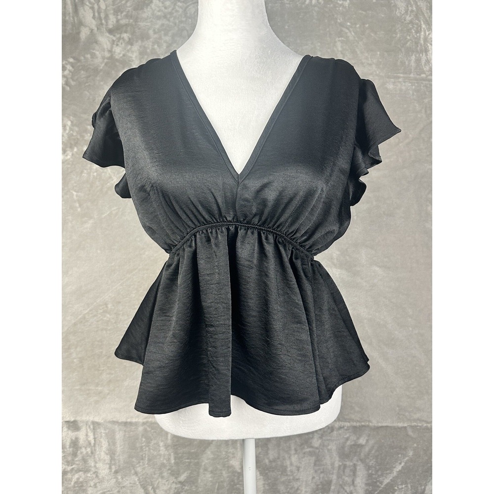 ENTRO top small Anthro Black Goth Fit Flare V-neck Satin Party‎ Shirt Blouse
